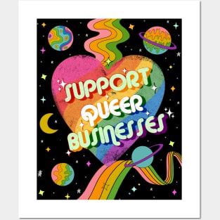 Support Queer Businesses Vintage Distressed with Planets & Rainbows Posters and Art